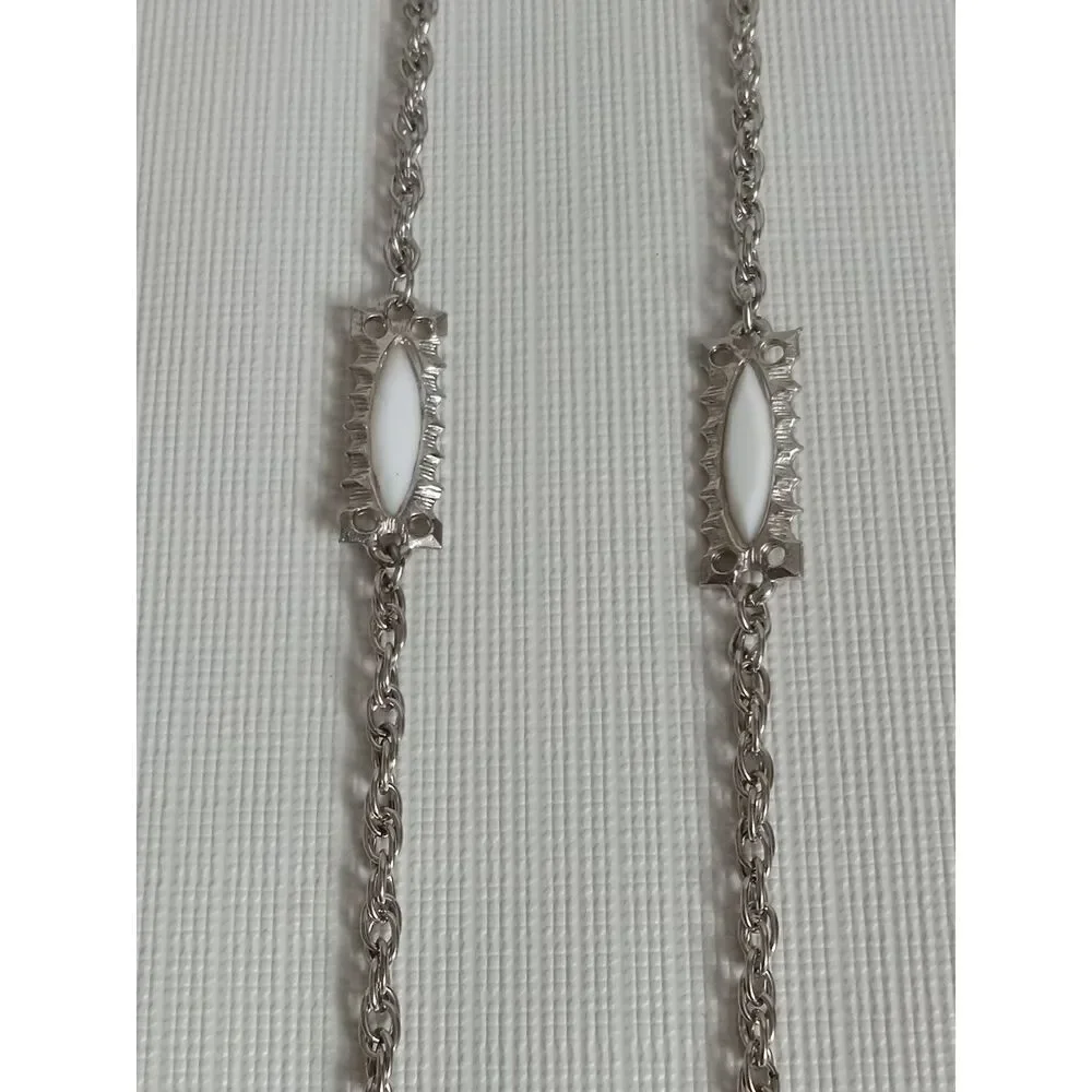 Solid White & Silver Toned Metal Rectangle Accents Long Length Layering Necklace